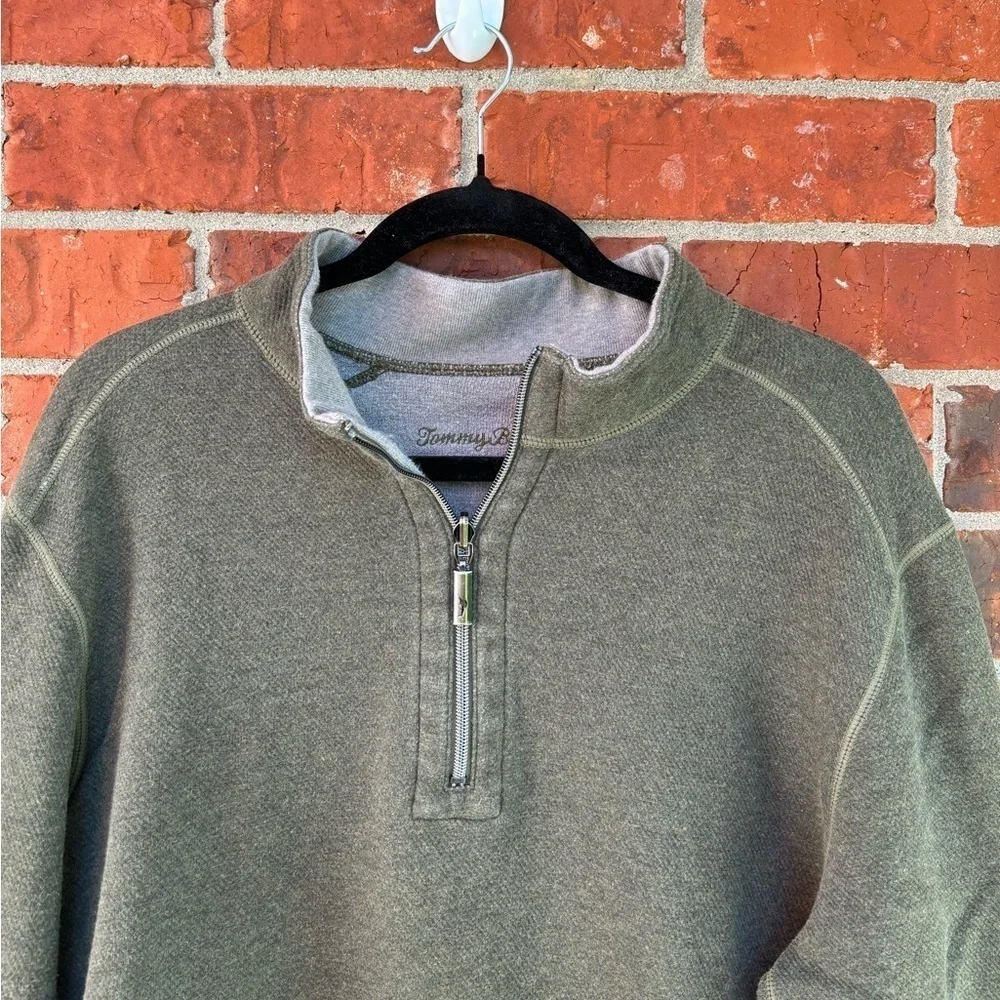 Tommy Bahama Mens Large Green Gray Reversible Quarter Zip Pullover Sweater